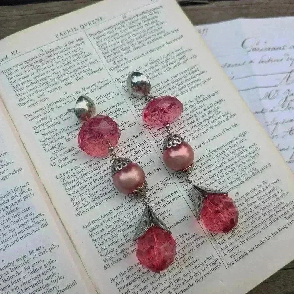 Vintage large statement earrings red glass beads